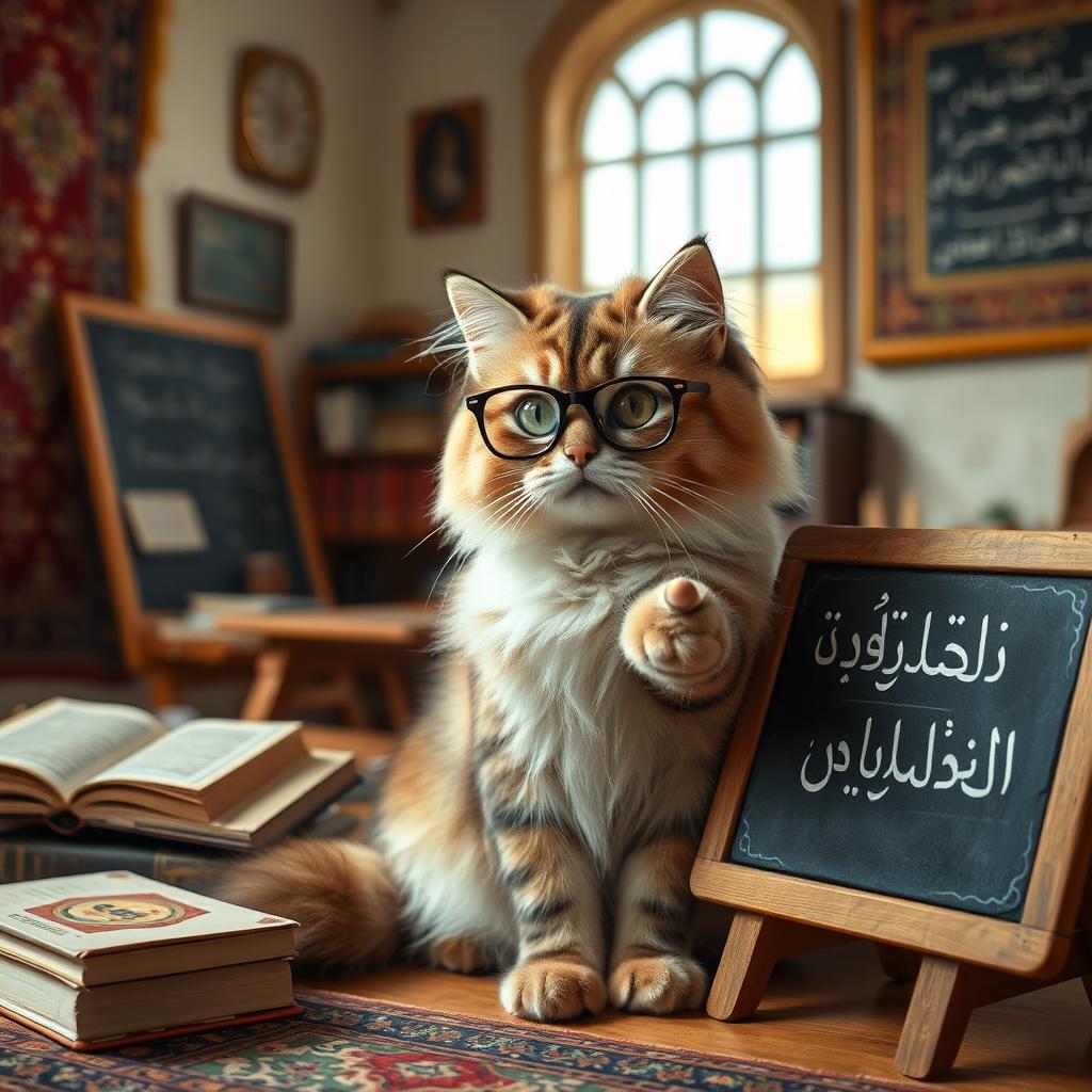 A beautiful Persian cat sitting elegantly in a cozy classroom, surrounded by vintage Persian rugs and books