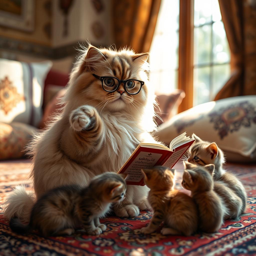 A beautiful Persian cat with fluffy fur and big expressive eyes is sitting on a cozy Persian rug, gracefully holding a small book with its paw