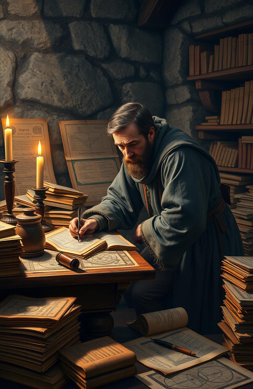 A medieval mathematician hunching over a wooden desk, deeply engrossed in his work
