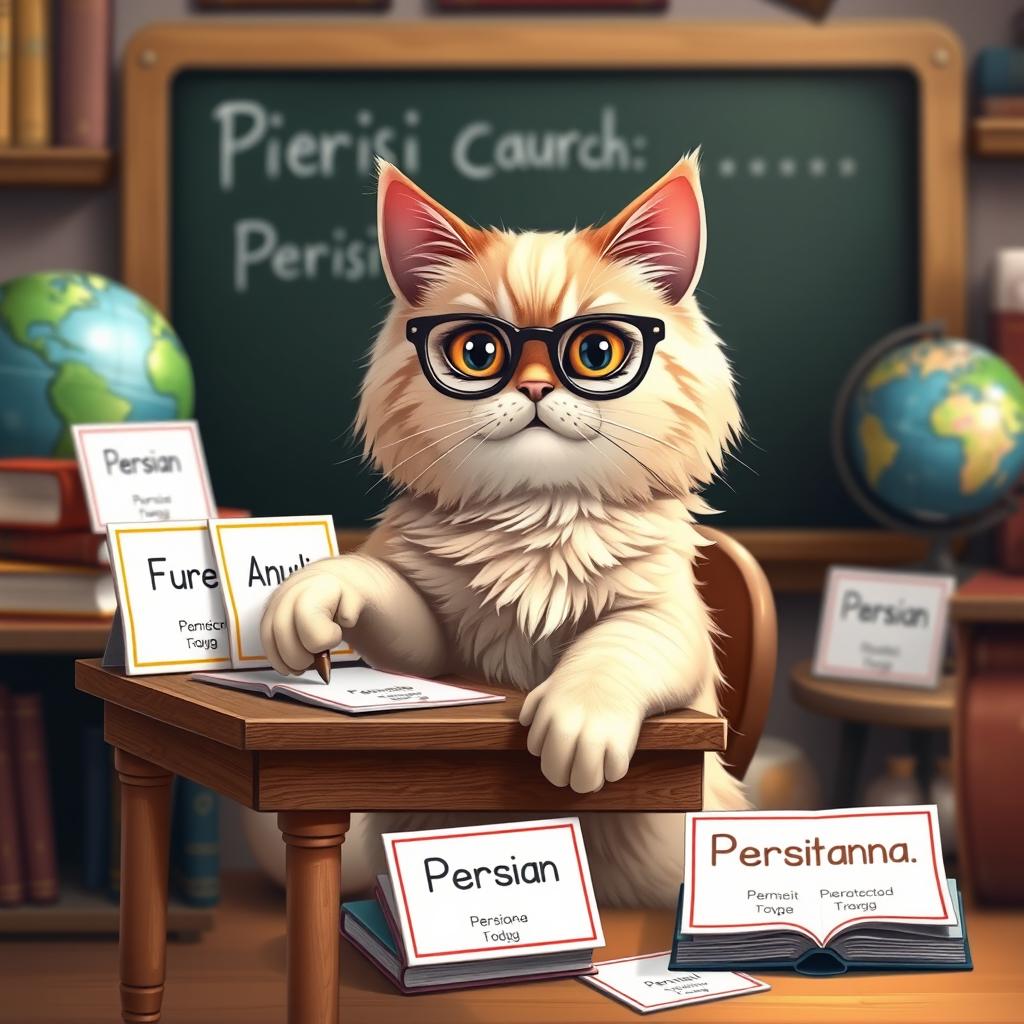 A beautiful Persian cat elegantly seated at a small classroom desk, wearing tiny glasses, surrounded by colorful Persian language flashcards and a blackboard