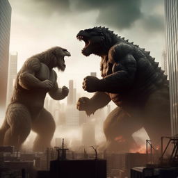 Godzilla and King Kong engaged in an epic, cinematic battle in a dense cityscape with skyscrapers towering around them.