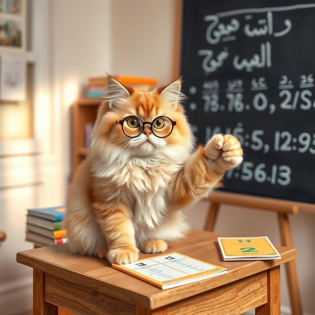 A beautiful Persian cat, fluffy and regal, perched on a small wooden desk in a quaint classroom setting