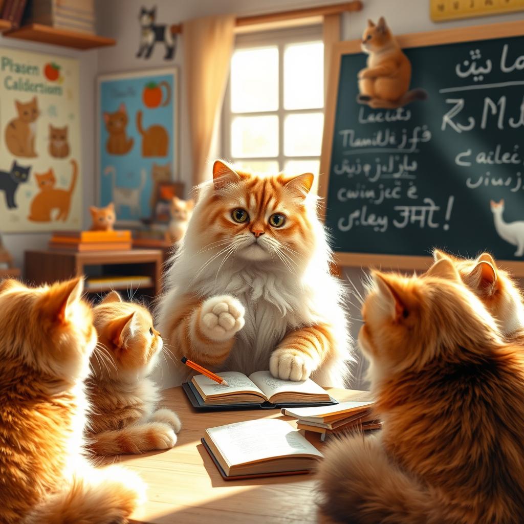 A beautiful female Persian cat with long, fluffy fur in soft cream and orange hues, sitting elegantly at a small desk with tiny books and sharpened pencils, as if teaching Persian language to her adorable cat students, set in a cozy classroom decorated with cat-themed artwork
