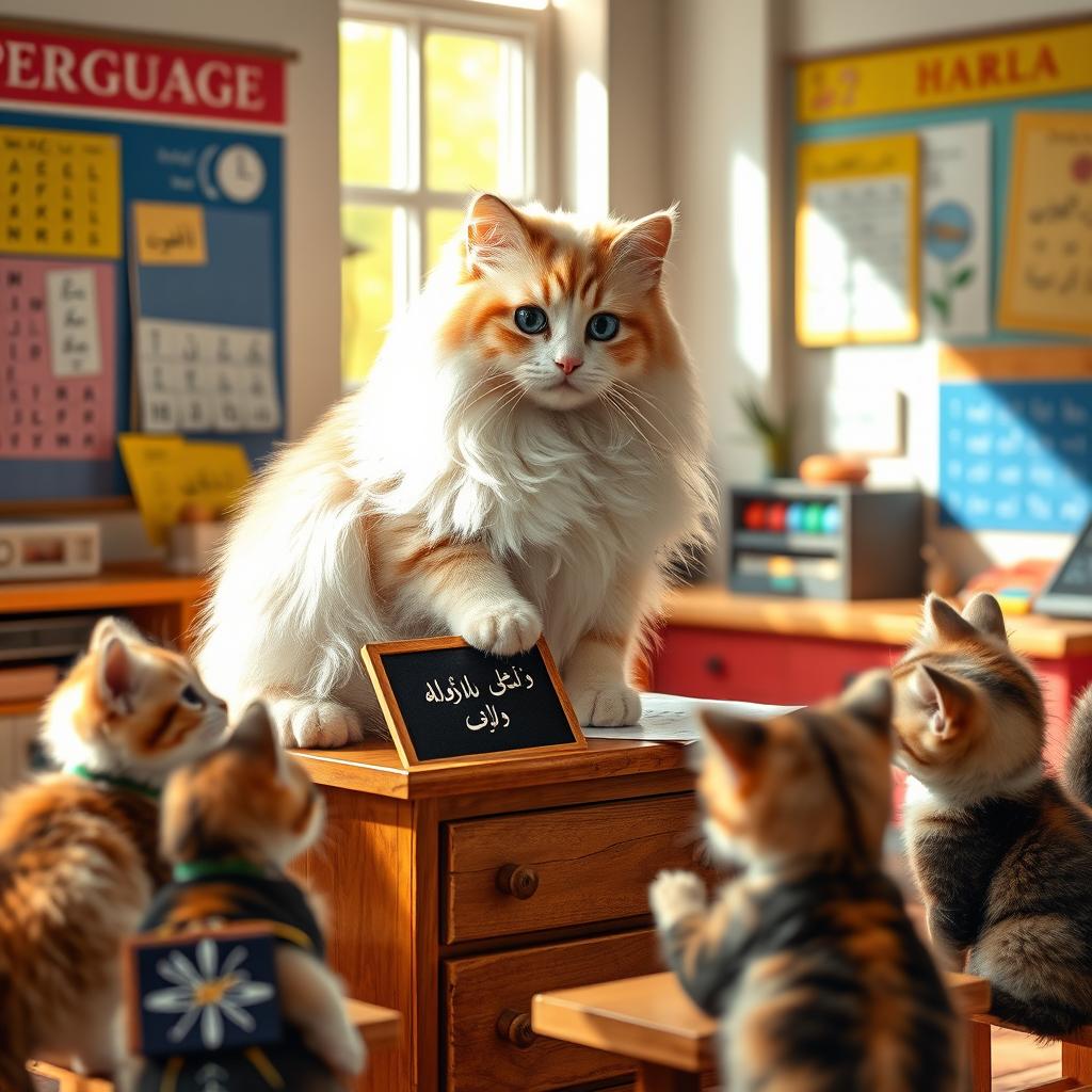 A beautiful female Persian cat with luxurious, fluffy fur in shades of white and gold, gracefully perched on a miniature desk, appearing to teach Persian language to an audience of curious kittens