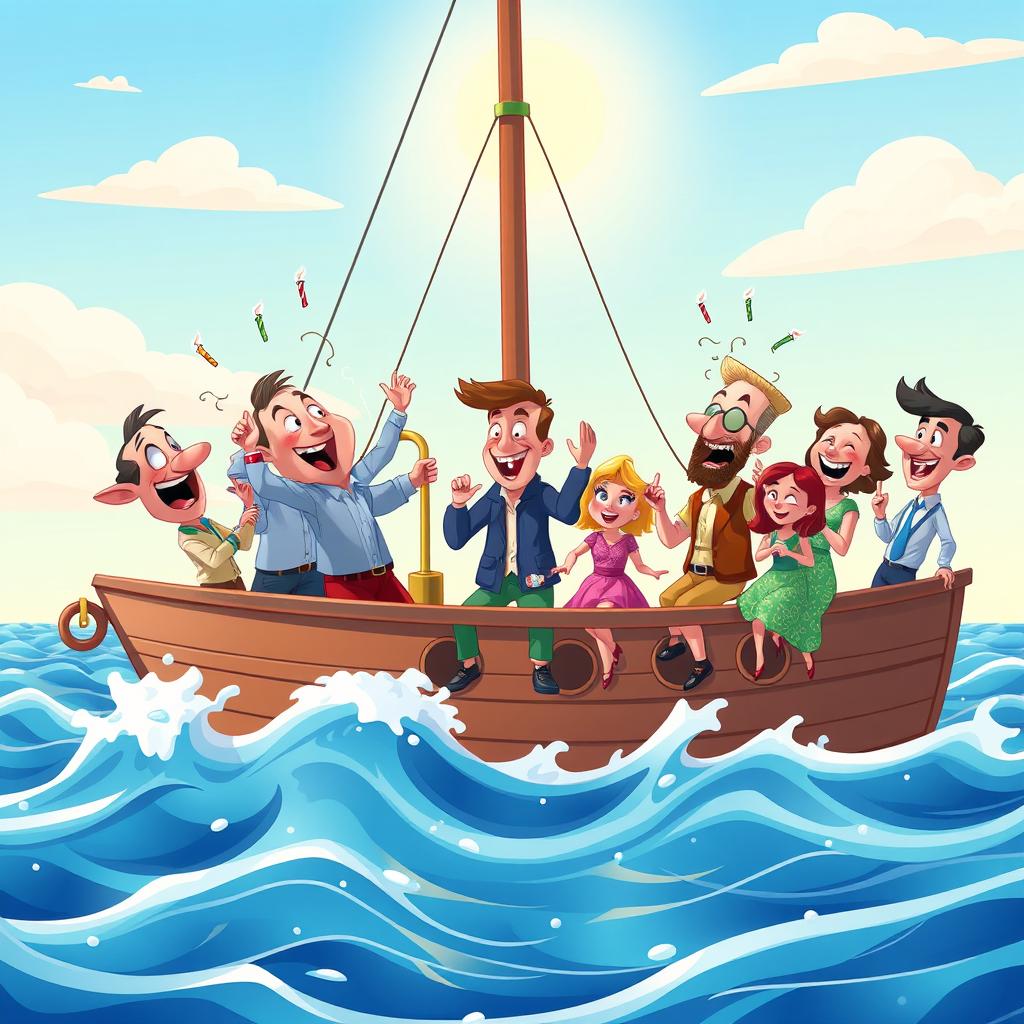 A whimsical and humorous scene depicting a group of men and women on a ship, engaging in funny and silly antics that make everyone laugh