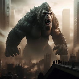 Godzilla and King Kong engaged in an epic, cinematic battle in a dense cityscape with skyscrapers towering around them.