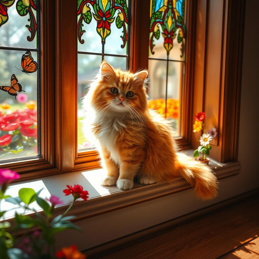A fluffy, playful cat sitting on a sunlit windowsill surrounded by vibrant flowers