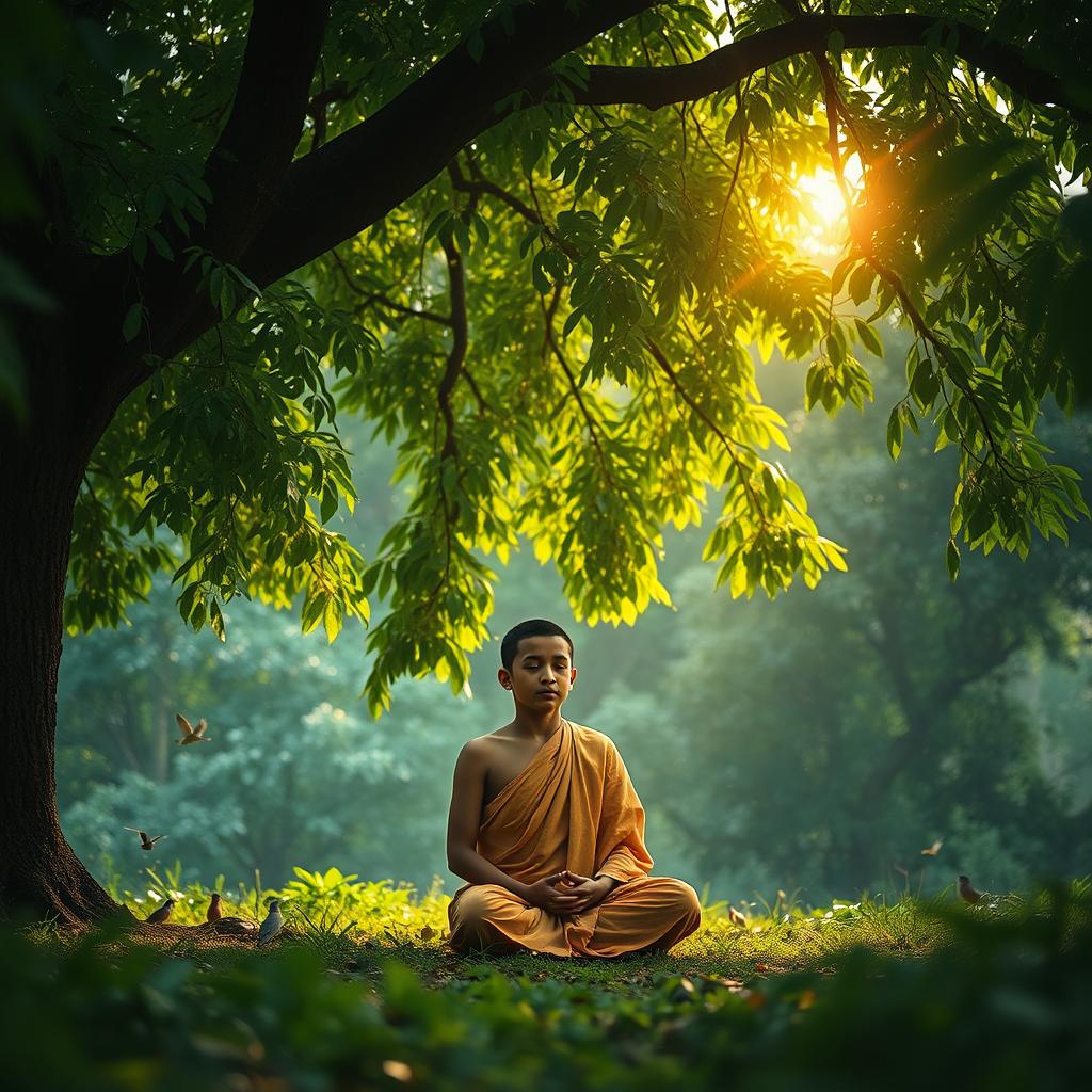 A young monk in robes meditating peacefully under a majestic peepal tree in a dense, lush green forest