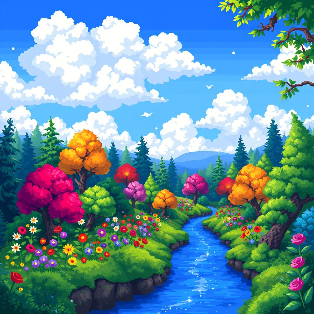 A vibrant and intricate pixel art scene depicting a fantasy landscape