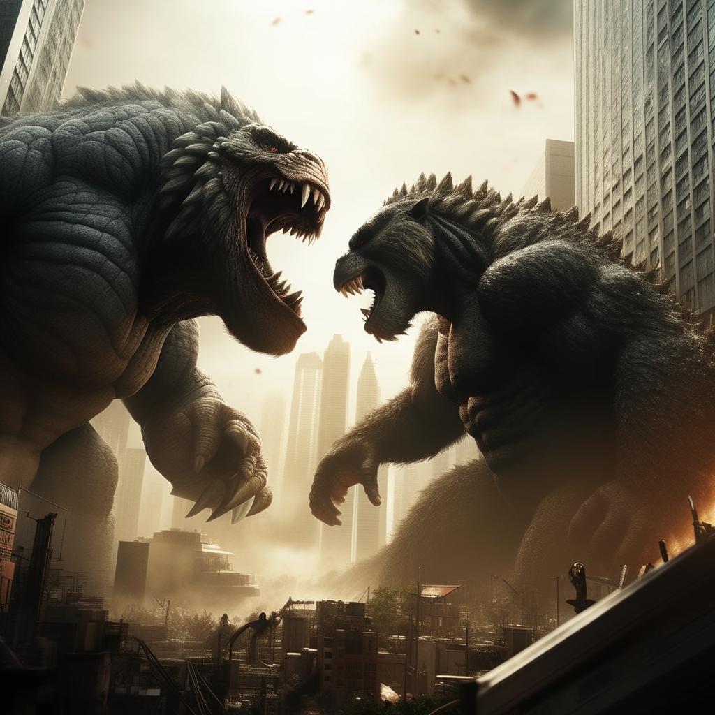 Godzilla and King Kong engaged in an epic, cinematic battle in a dense cityscape with skyscrapers towering around them.