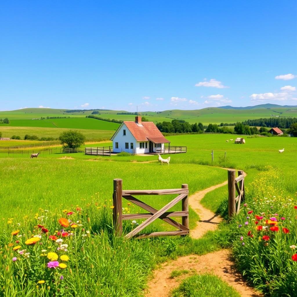 A picturesque rural tourism scene featuring a charming farmhouse surrounded by vibrant green fields, wildflowers blooming in various colors, and a clear blue sky overhead