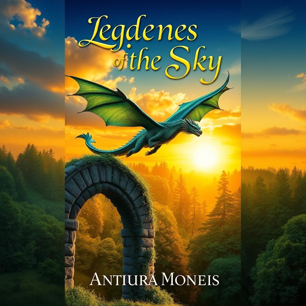 A stunning book cover design featuring a mythical creature flying above a lush, enchanted forest