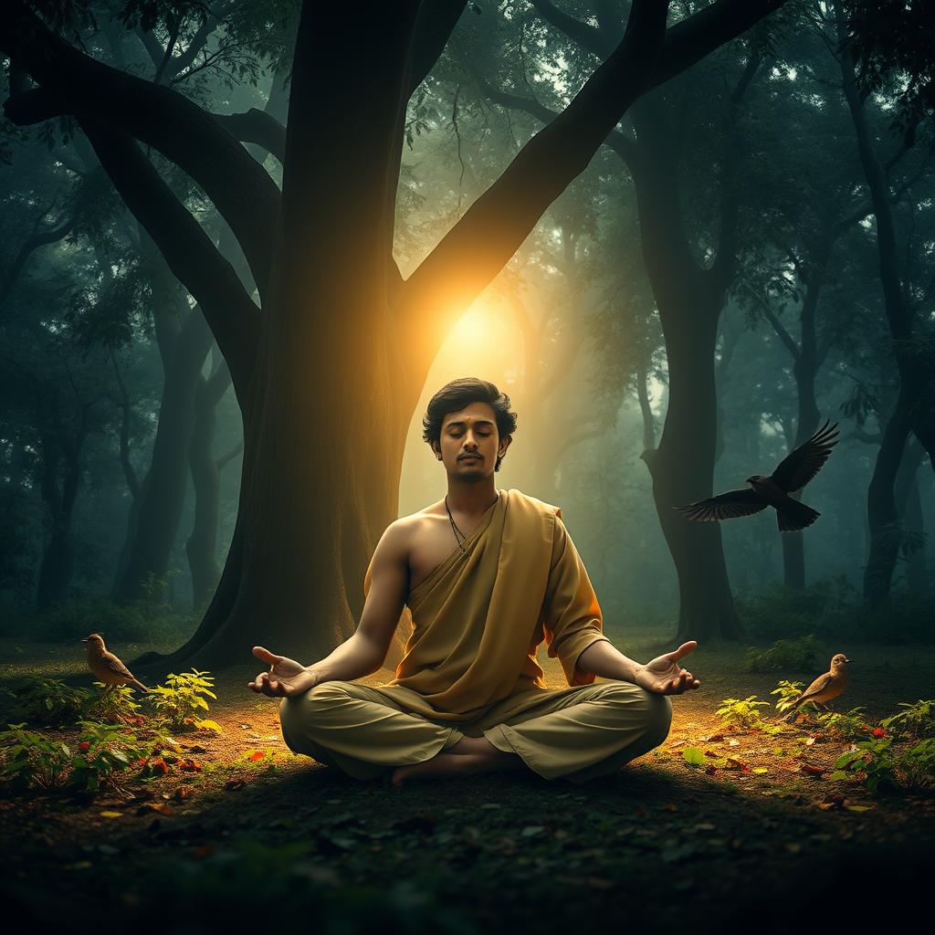A young Nepali prince wearing simple robes meditating peacefully under a large peepal tree in a dense forest