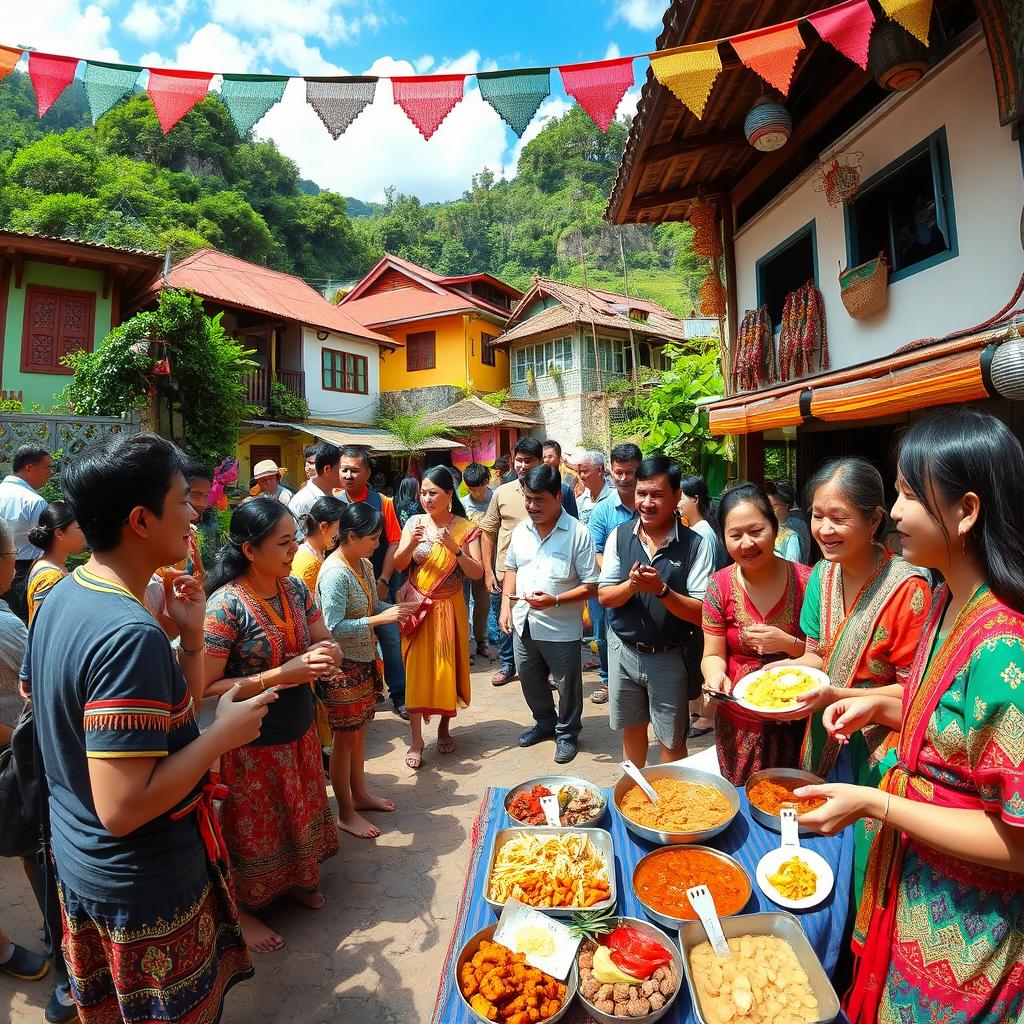 An immersive and vibrant scene showcasing ethno tourism, featuring diverse cultural elements such as traditional clothing, local handicrafts, and authentic dances