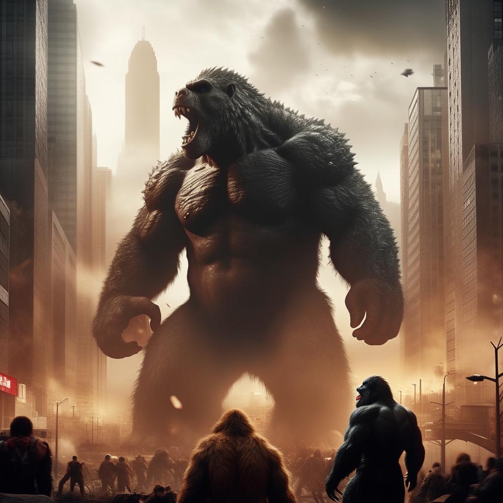 Godzilla and King Kong engaged in an epic, cinematic battle in a dense cityscape with skyscrapers towering around them.