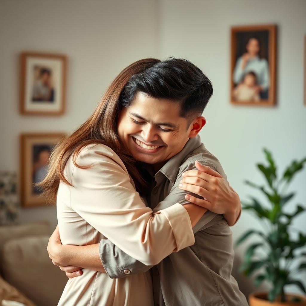 A warm, affectionate moment between a mother and her adult son