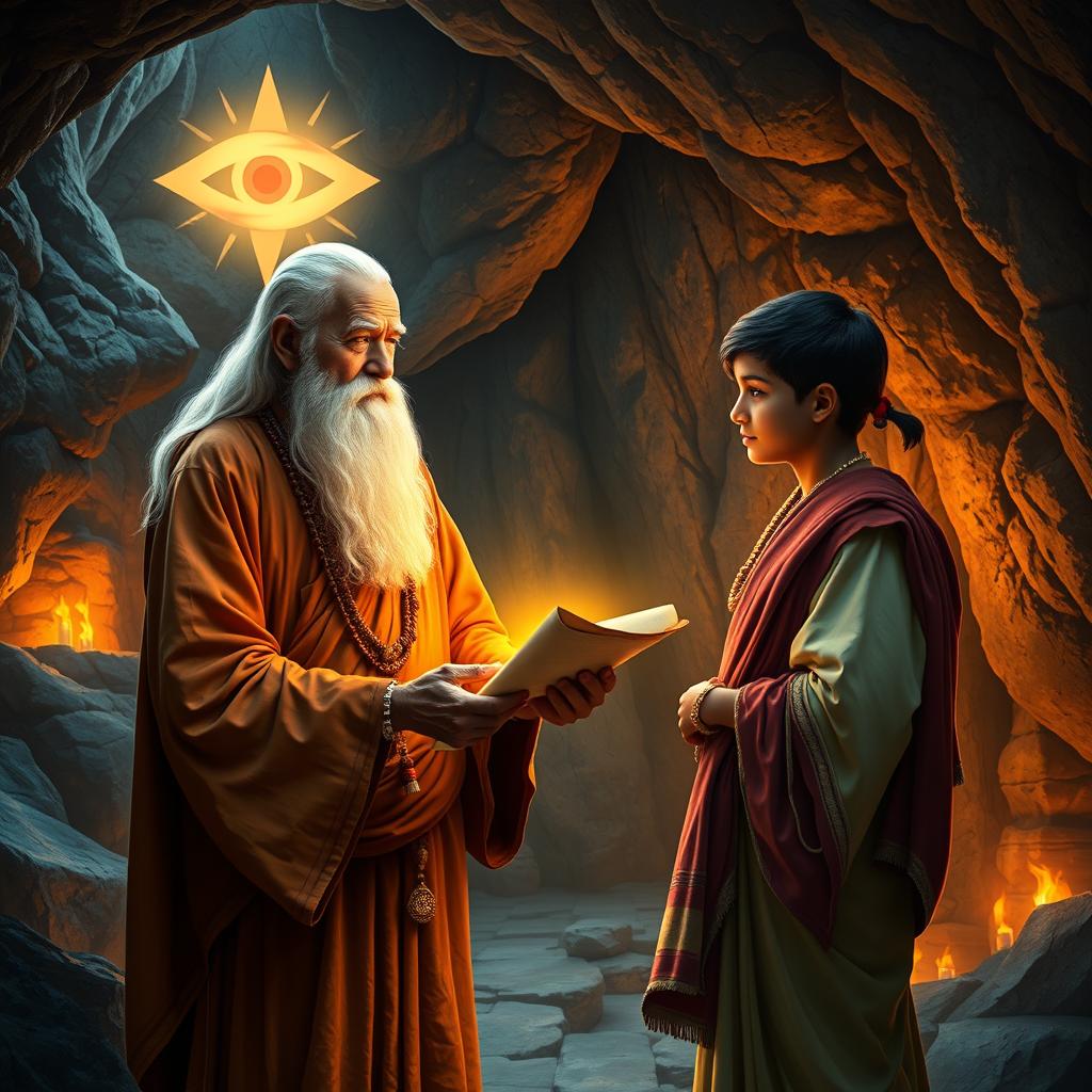 An elderly Siddha Yogi with a long white beard, wearing traditional robes, stands in an enchanting Himalayan cave