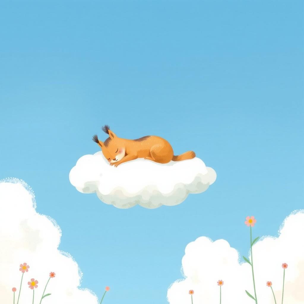 In a whimsical spring scene, a cute little squirrel is peacefully sleeping on a large, fluffy cloud in a bright blue sky