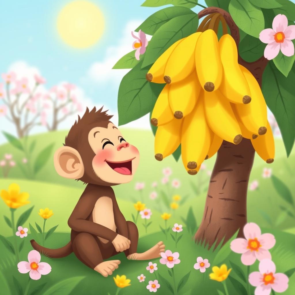 In a vibrant spring scene, a cute little monkey joyfully gazes at a tree brimming with ripe bananas