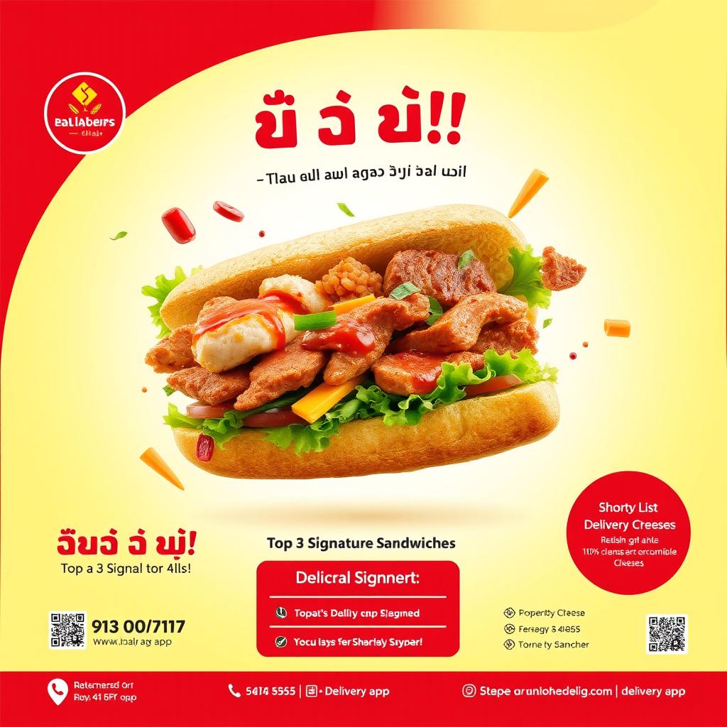 A vibrant and attractive image of an 'open' sandwich with its components floating in the air, including bread, meat (either chicken or beef), fresh vegetables, sauces, and cheese