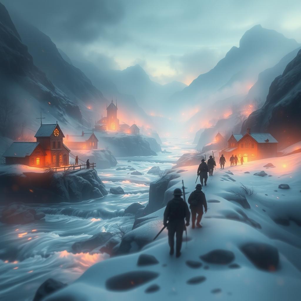An abstract animated vision depicting a surreal and dream-like landscape: villages afflicted by plague with eerie, haunting imagery; overflowing rivers that blend seamlessly into the scenery, creating a flowing connection; soldiers crossing snow-covered mountain passes, their figures slightly blurred to convey movement; the entire composition presented in a mystical and ethereal atmosphere with soft, glowing colors and a cinematic feel
