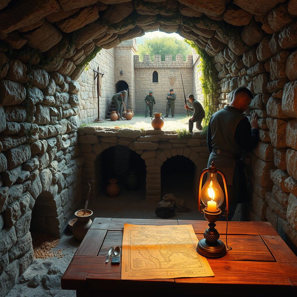 Hidden tunnels being dug beneath an ancient stone fortress, with workers industriously storing food grains in rustic clay pots