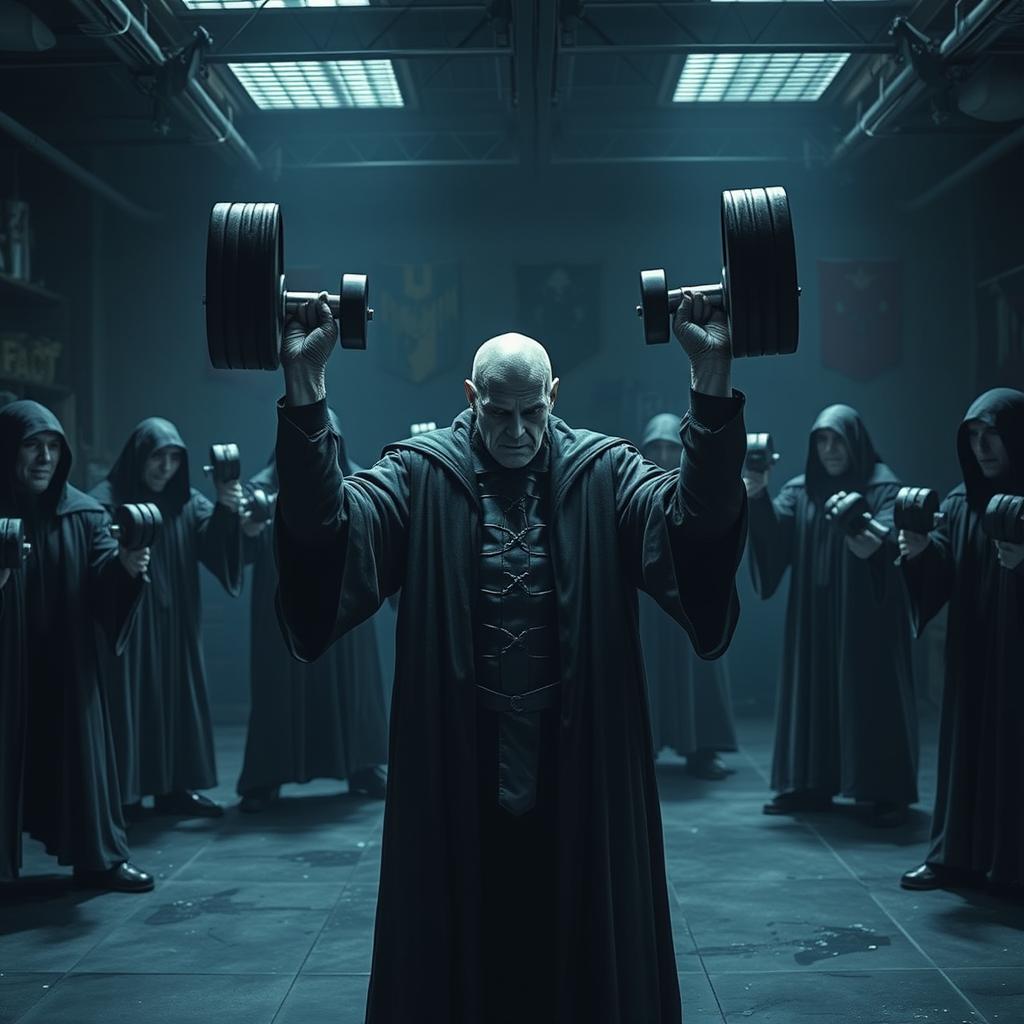 A dramatic scene featuring Voldemort and his Death Eaters in a dimly lit, ominous gym setting, lifting heavy dumbbells with intense focus and determination