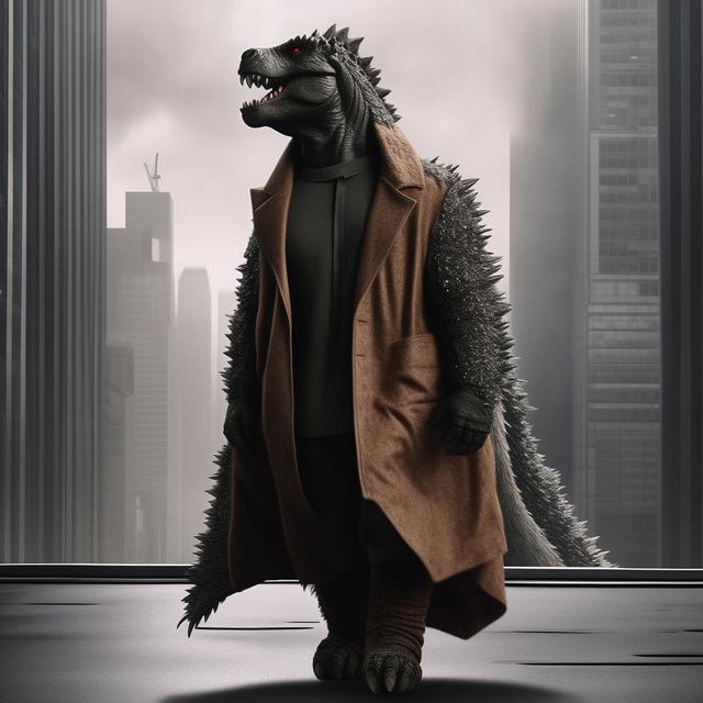 Godzilla strutting confidently on a fashion runway, dressed in a stylish ensemble, pulling off an avant-garde look, with skyscrapers in the background.