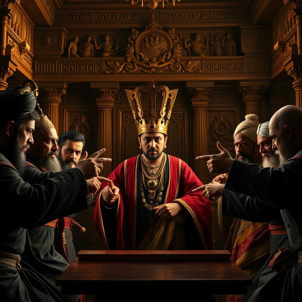 A dramatic royal courtroom scene set in an ancient Nepali palace