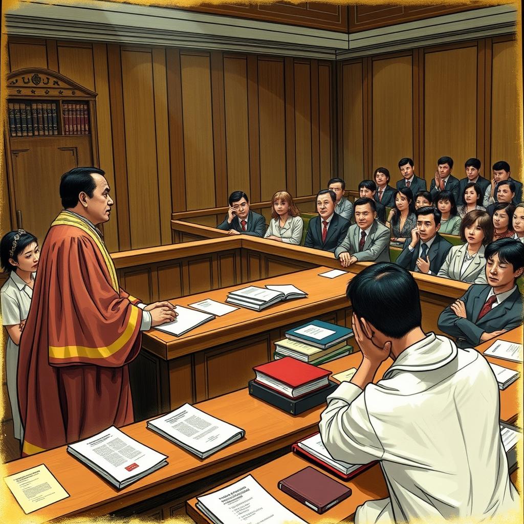 A courtroom scene depicting a solemn judge in traditional robes delivering a verdict, with a focused prosecution team at their table celebrating quietly, and a defendant named Carandang showing despair upon hearing the guilty verdict for murder