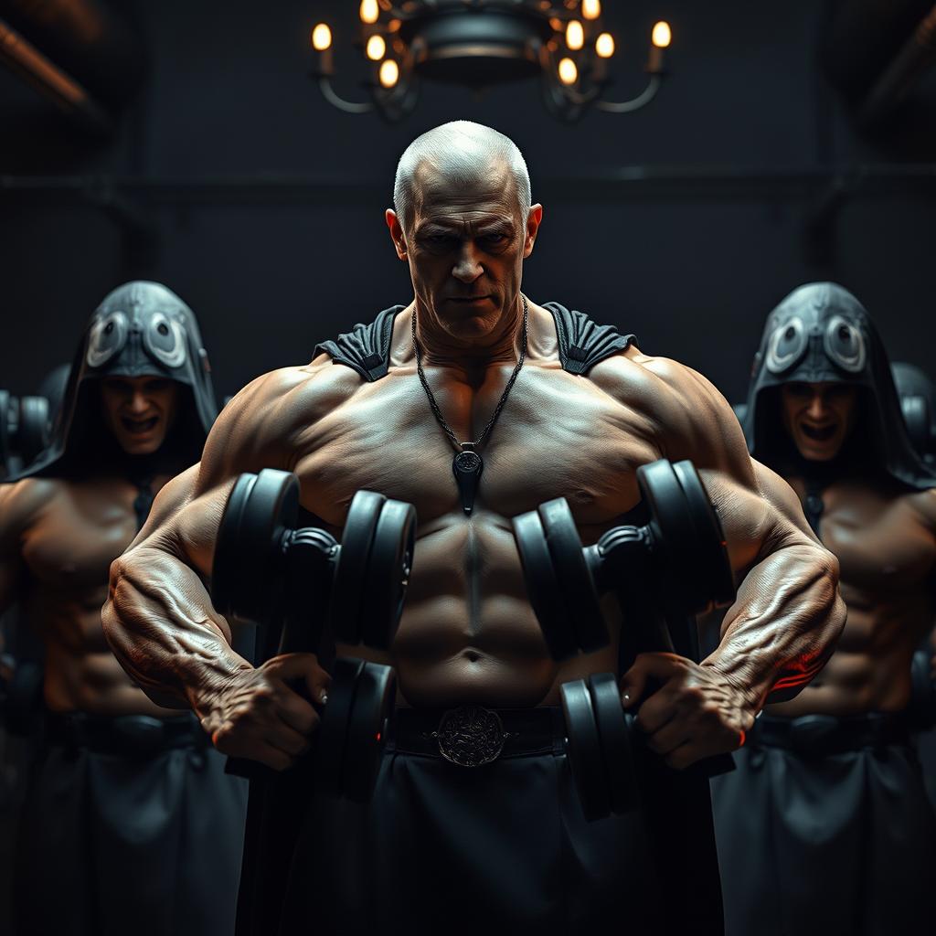 A scene featuring a physically ripped Voldemort, inspired by his appearance in the Harry Potter movies, lifting heavy dumbbells in a gym environment
