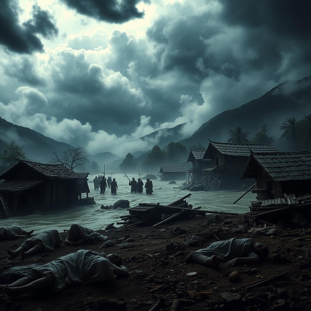 A dramatic scene depicting a dark storm over the majestic Himalayan hills, with ominous clouds swirling in the sky