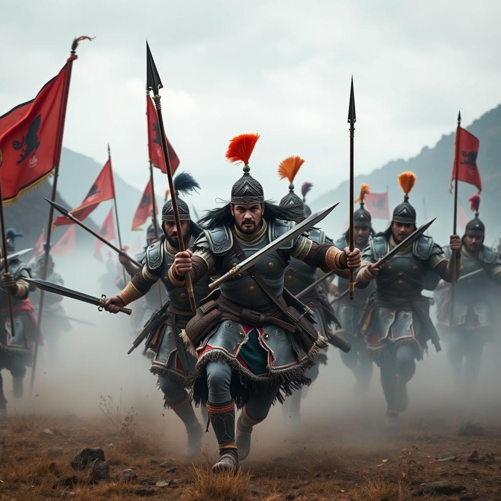 A heroic Nepali warrior unit known as 'Agniveer' charging valiantly through a foggy battlefield, clad in traditional armor, holding swords and spears with fierce expressions of determination