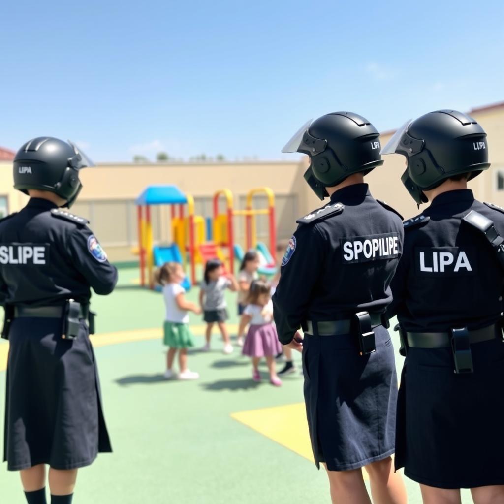 A group of police officers wearing police helmets and skirts, clearly identifiable by the SIPA logo on their uniforms, stands protectively around a playground in a kindergarten, ensuring the safety of children