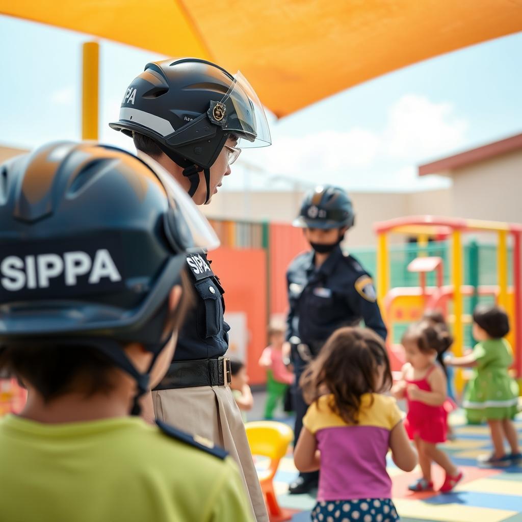 A scene depicting special police unit officers wearing helmets and skirts, prominently displaying the SIPA insignia on their uniforms, while providing protection in a kindergarten setting