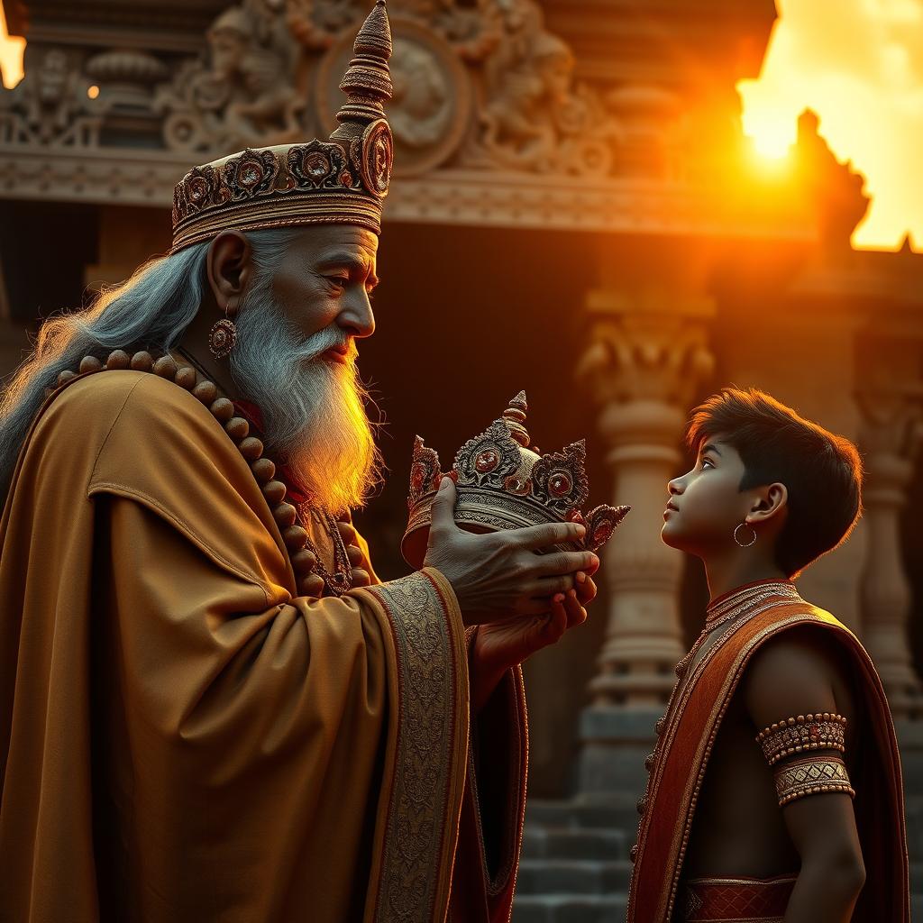 An older King Sudarsan with a wise and peaceful expression, gracefully handing over his ornate crown to a younger prince