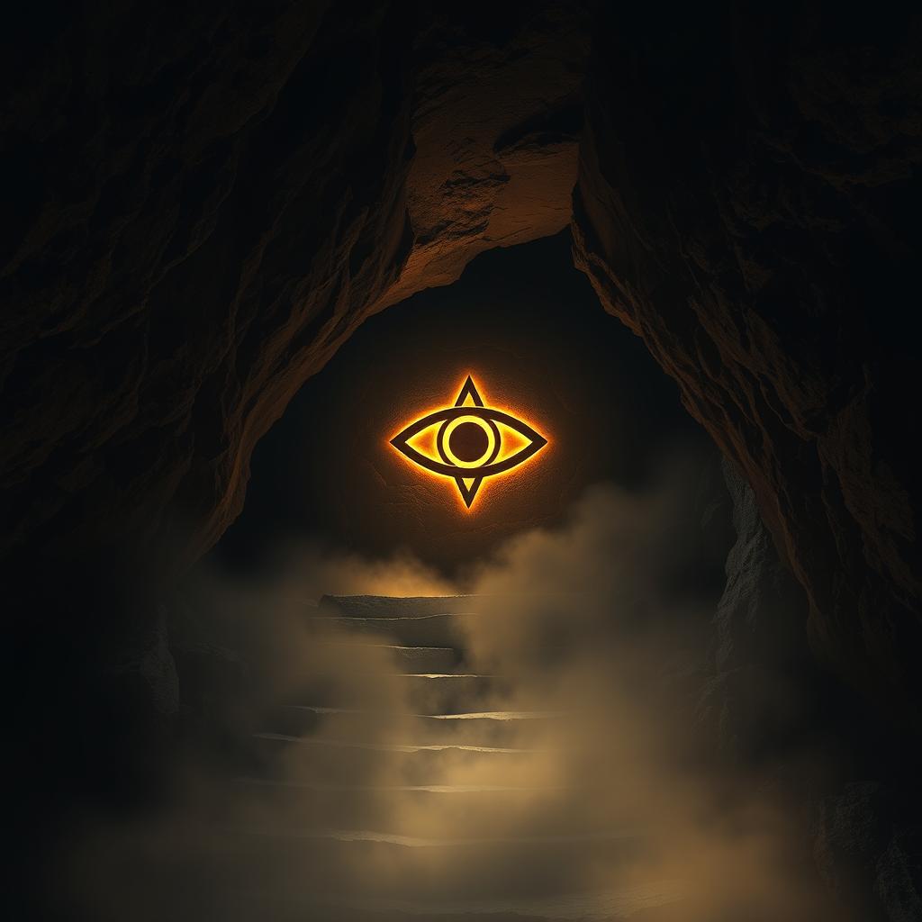 A dark ancient cave deep in the mountains, featuring a glowing light emanating from a third-eye-shaped carving on the wall