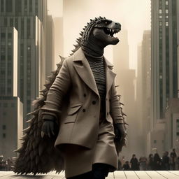 Godzilla strutting confidently on a fashion runway, dressed in a stylish ensemble, pulling off an avant-garde look, with skyscrapers in the background.