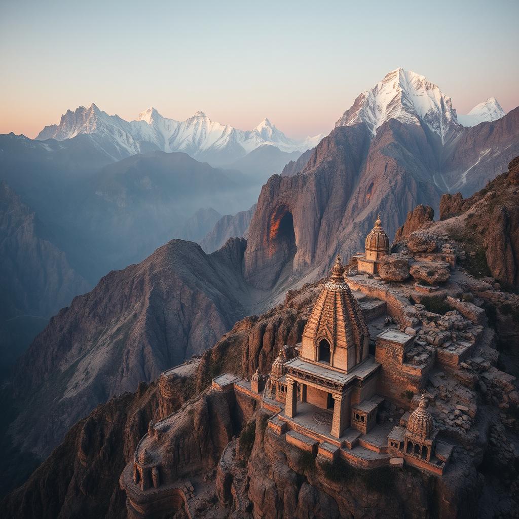 Aerial view of majestic Himalayan mountains showcasing scattered ruined temples and hidden caves, with a faint golden glow emanating from a distant cave