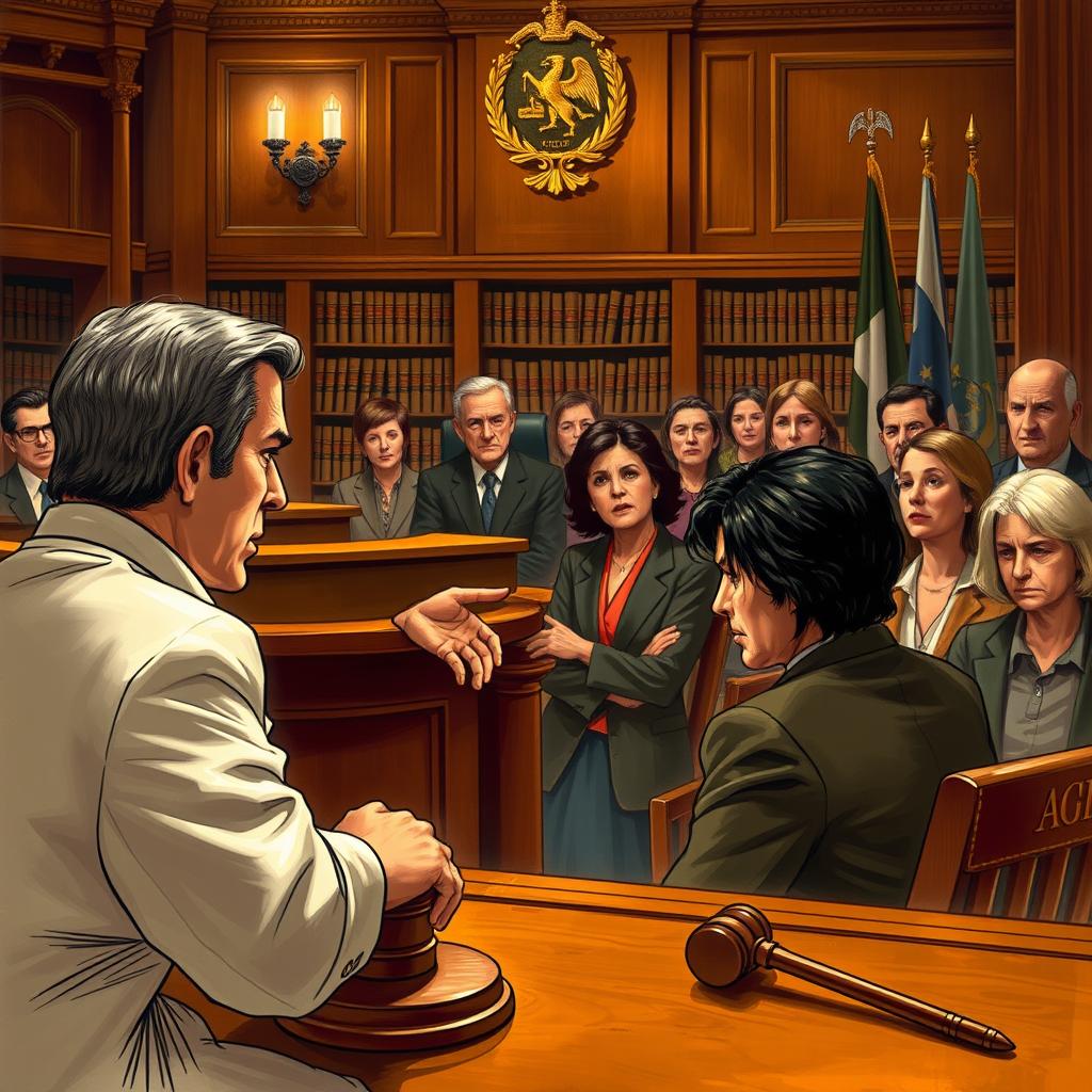 A dramatic courtroom scene depicting a tense moment in a trial
