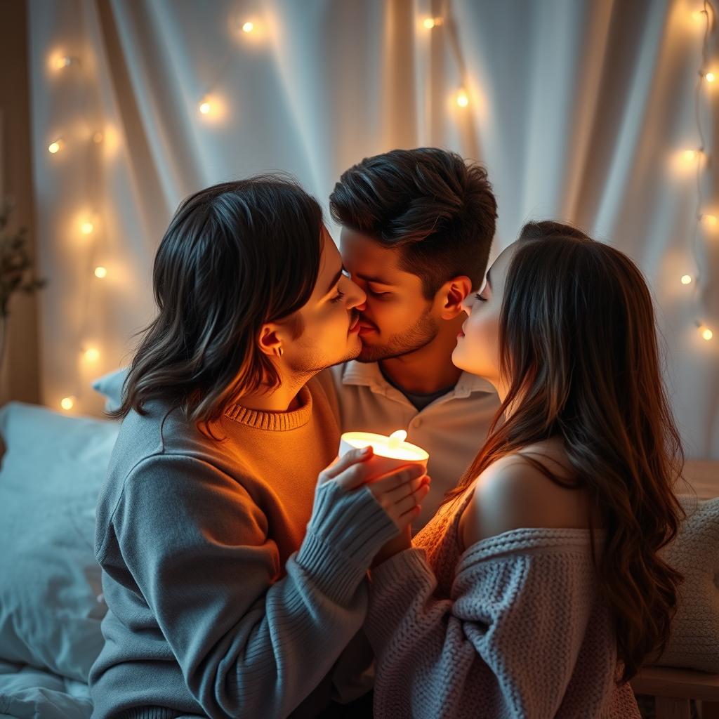 A romantic scene featuring two adults passionately kissing in a cozy, intimate setting