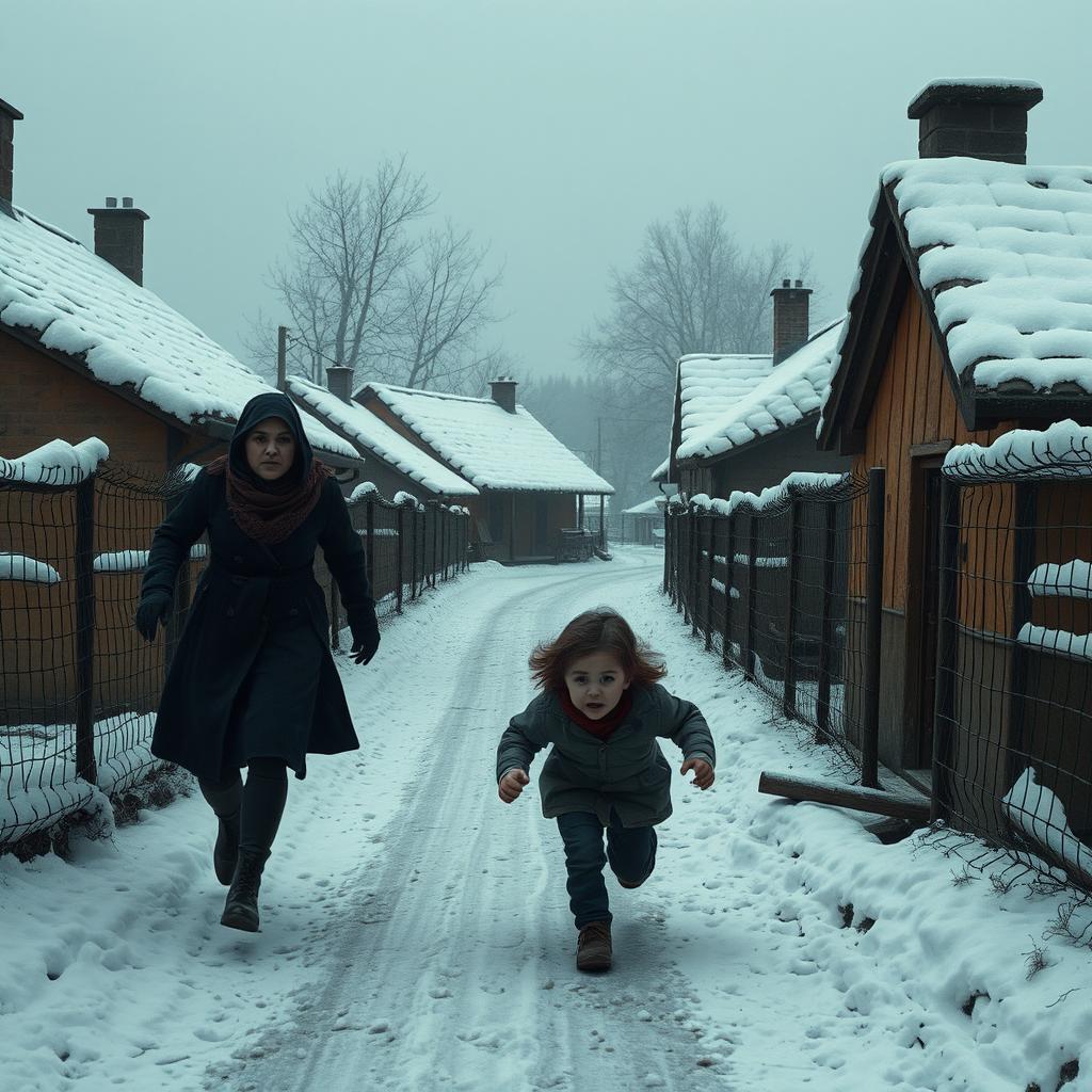 A realistic depiction of a Moldovan village street during winter