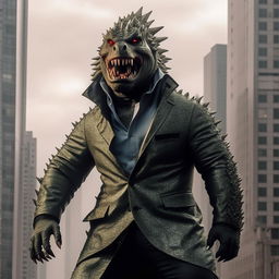 Godzilla strutting confidently on a fashion runway, dressed in a stylish ensemble, pulling off an avant-garde look, with skyscrapers in the background.