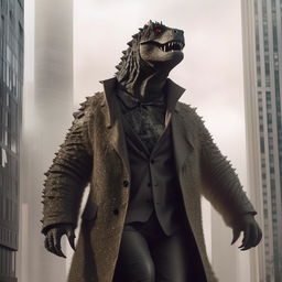 Godzilla strutting confidently on a fashion runway, dressed in a stylish ensemble, pulling off an avant-garde look, with skyscrapers in the background.