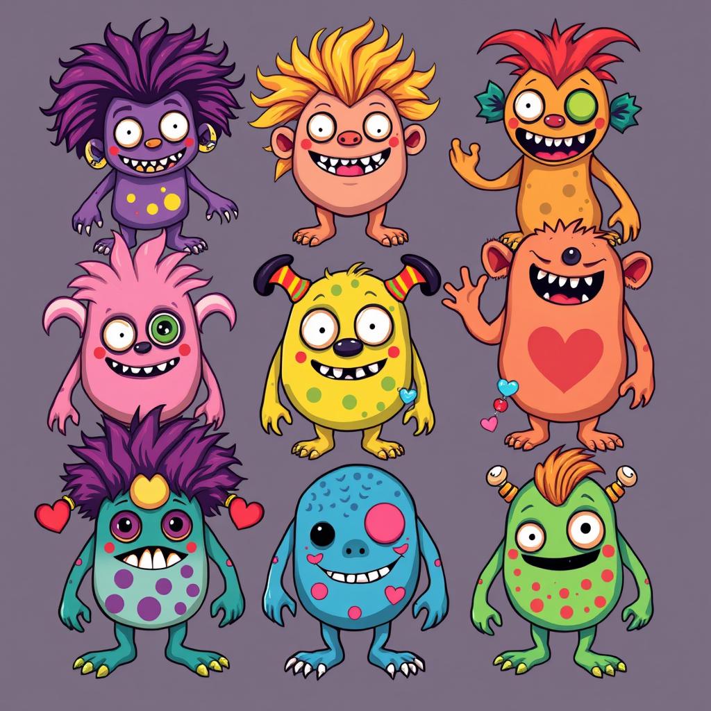 A collection of whimsical and colorful monster designs for a t-shirt line