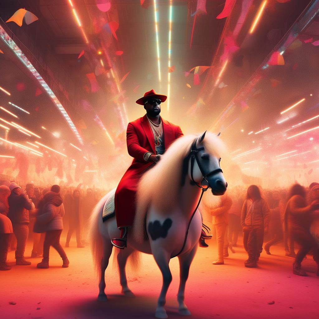 Kanye West, in his distinct fashion style, riding a small pony in a lively setting.