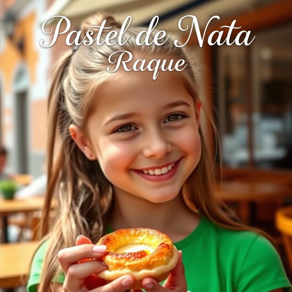 A realistic photo montage of a young girl with long hair tied up, holding a traditional Portuguese pastel de nata in her hand