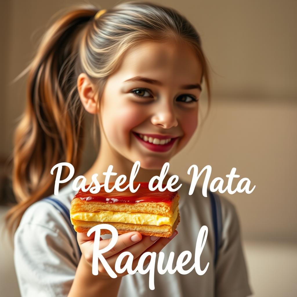 A realistic photo montage featuring a girl with long hair tied back, holding a delicious Pastel de nata in her hand