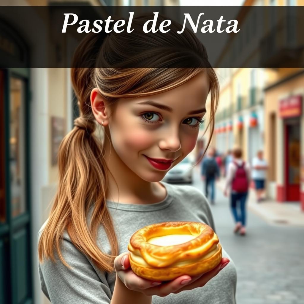 A realistic photomontage of a girl with long hair styled into a ponytail, holding a traditional Portuguese pastel de nata in her hand