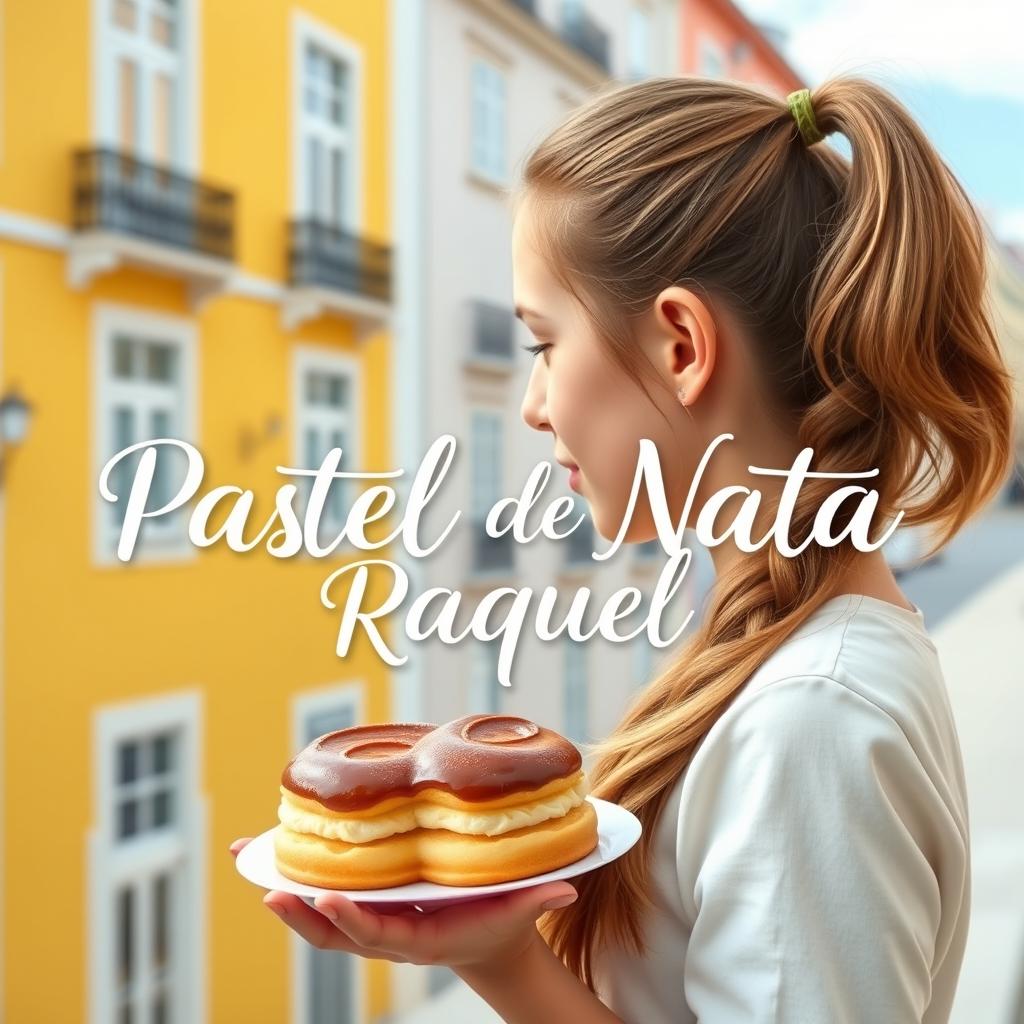 A realistic photo montage featuring a girl with long hair styled in a ponytail, holding a traditional Pastel de Nata from Lisbon in her hand